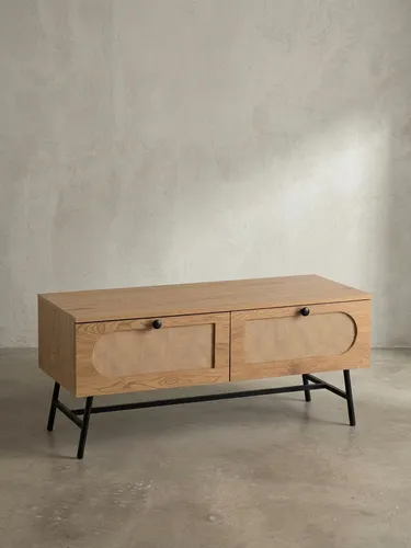 KADIMA DESIGN Lowboard 100x45x40 cm - Moderne TV-Kommode mit Eiche-Dekor und Rattan, bietet Platz für Fernseher bis 48 Zoll und verfügt über praktische Schubladen für Konsolen und DVDs.