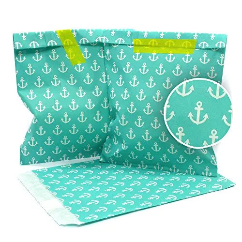 Frau WUNDERVoll® 25 PAPIERTÜTEN TÜRKIS, ANKER 13 x 16,5 cm, 45 Gramm Papier, flach / Candy Bar, Hochzeit, Kindergeburtstag, Papiertütchen, Candybag, Tüten, Mitgebseltüten