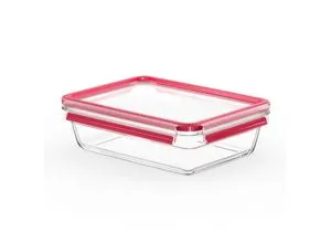 Emsa Frischhaltedose Clip & Close Glas , Rot , Glas , 2,0 L , rechteckig , 19.7x8x26.7 cm , lebensmittelecht, luftdichter Verschluss, auslaufsicher, mikrowellengeeignet, stapelbar , Küchenzubehör, Vorratsbehälter, Frischhaltedosen
