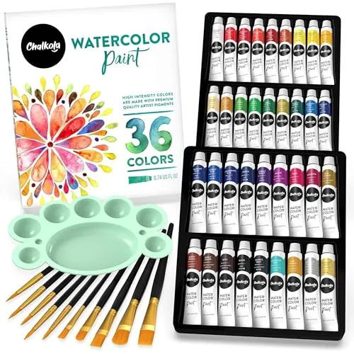 Chalkola Aquarellfarben-Set für kreative Köpfe | 36 Farben, 10 Pinsel & Palette