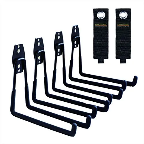 SMARTOLOGY Garagenhaken, 4 Stück, Wandhalterung, Aufbewahrungshaken mit 2 Verlängerungskordelhaltern, robust, 19,1 cm lange Haken für Leiter, Ski, Sport, Utility, Gartenwerkzeug, Schlauchaufbewahrung