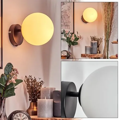 HOFSTEIN Wandleuchte Koyoto, Wandlampe aus Metall/Glas in Schwarz/Weiß, moderne Leuchte im Retro/Vintage-Design (Ø 15 cm), E14, Wohnzimmer, Schlafzimmer, Küche, Flur, Treppenhaus