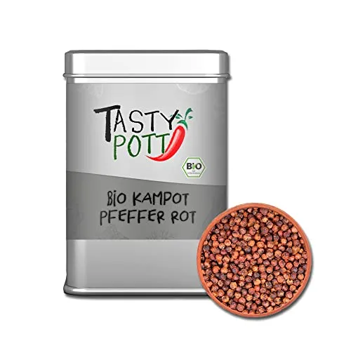 Tasty Pott Pfeffer Sortiment I Pfefferkörner I Feinkost I Spezialitäten I Pepper I Pfefferschoten I Gewürze I Gewürzmischungen (Bio Kampott Pfeffer I rot I ganz 70g)