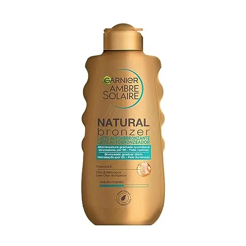 Garnier Natural Bronzer Selbstbräunungsmilch für eine gleichmäßige und natürliche Bräunung, schnell einziehend, feuchtigkeitsspendend und glättend, mit Aprikosenöl und Vitamin E, Ambre Solaire