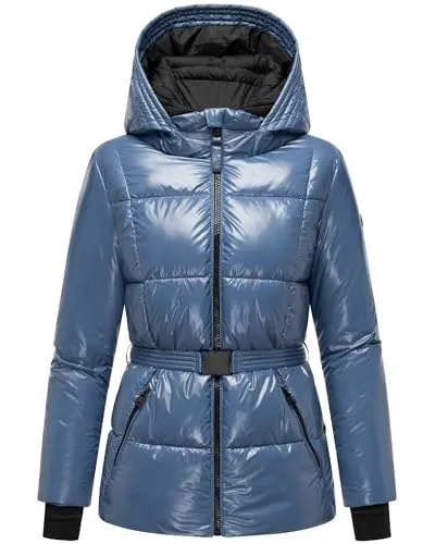Navahoo Damen Winterjacke glänzende warme Steppjacke mit Taillengürtel Eisglanz 14 Dusty Blue Gr. S