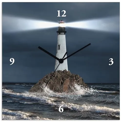 ARTLAND Wanduhr ohne Tickgeräusche Alu Quarzuhr 30x30 cm Quadratisch Lautlos Meer Leuchtturm Nacht Felsen Küste Maritim T5GP