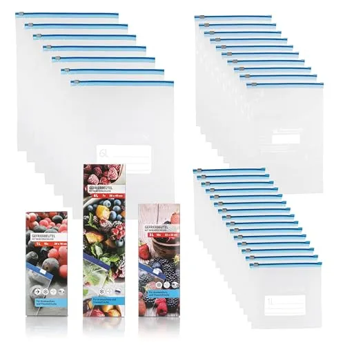 Vaily Zip Gefrierbeutel 32er Set - 1L, 3L, 6L Frischhaltebeutel zum Wiederverschließen - Großes Set zur Lebensmittelaufbewahrung und Einfrieren