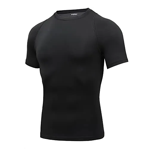 AMZSPORT Herren Kompressionsshirt Kurzarm Funktionsshirts Cool Dry Training Running Top, Schwarz-S
