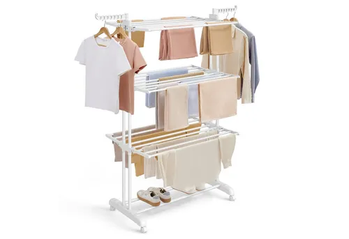 SONGMICS Wäscheständer mit Rollen, 4 Ebenen, Wolkenweiß - Wäscheständer mit 4 Ebenen und 2 drehbaren Haken, ideal für platzsparendes Trocknen von Kleidung und Handtüchern, max. Belastbarkeit 35 kg, leicht bewegbar dank 4 Räder.