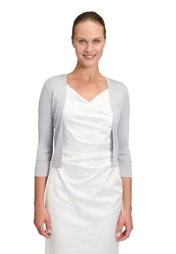 Vera Mont Damen Strickbolero ohne Verschluss Grau/Silber, L - Boleros für Damen mit figurumspielendem Schnitt und 3/4-Ärmeln, ideal für elegante Anlässe dank glitzerndem Muster.