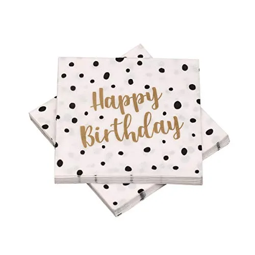 Servietten 'Happy Birthday' Pünktchen Dots 33x33 cm - schwarz gold - für Geburtstag 20