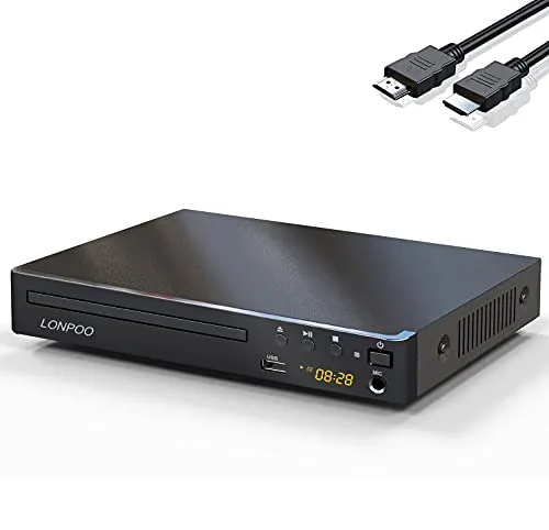 LONPOO Kompakter DVD-Player für TV - HD DVD CD Player Codefree mit HDMI (1080p HD Upscaling)/AV/Koaxial Ausgang, USB-Eingang & MIC-Ausgang (mit HDMI-Kabel 1,5 m)