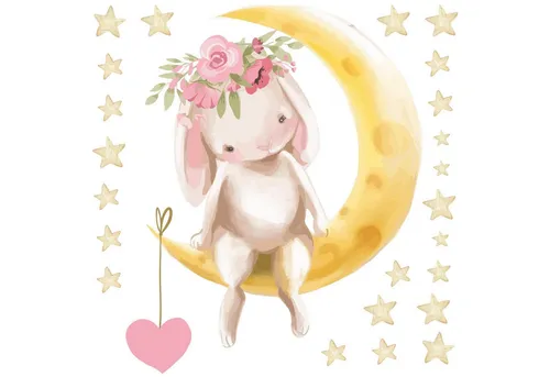 WANDKIND Wandtattoo Hase Halbmond Sticker mit Sternen Set V233 Kinderzimmer, wieder ablösbar