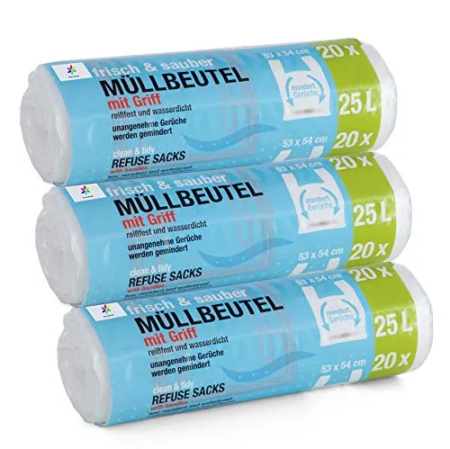 Stück Müllbeutel Premiumline: 25 Liter, 3er Pack, Größe: 53 x 54 cm - Besonders reißfest und wasserdicht - Mit Trage-Griff/Henkel 60