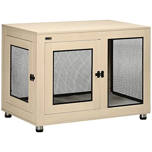 PawHut Hundehütte Tierkäfig mit 2 Türen für kleine bis mittelgroße Hunde, Eiche - Elegante Hundehütte aus Eiche mit zwei Türen für einfachen Zugang. Inklusive weichem, waschbarem Kissen und praktischer Ablagefläche für Zubehör. Ideal für gemütliche Rückzugsorte im Wohnzimmer.