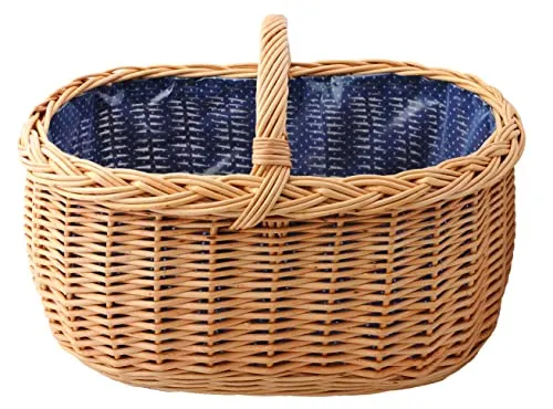 YULKA Großer Weidenkorb mit Henkel und Stoffeinlage – Einkaufskorb, Autokorb, oval, Blau mit weißen Punkten, inkl. Schutzfolie, handgeflochten