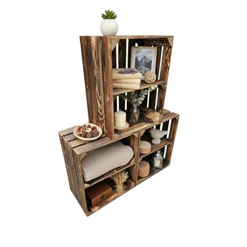 Teramico Holzkisten geflammt dunkel 50 x 40 x 30 cm – vielseitige Aufbewahrungslösungen - Set aus 3 stabilen Holzkisten mit Zwischenboden, ideal für Aufbewahrung und Möbelbau. Die vintage Optik verleiht jedem Raum Charme. Stapelbar und kombinierbar für individuelle Gestaltung.