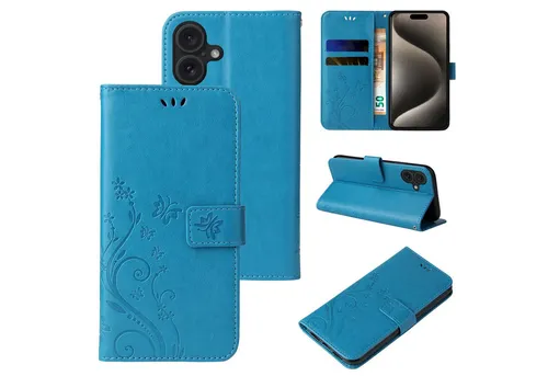 Tec-Expert Handyhülle PU-Leder Flip-Hülle Floral für Apple iPhone 16 Serie - Farbe: Blau -