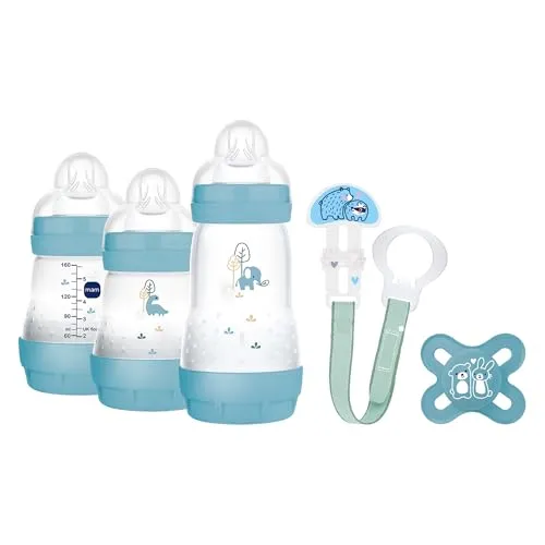 MAM Welcome to the World G101-3 Babyflaschen-Set Easy Start Anti-Colic, 1 Schnuller Start und 1 Brosche Clip 0+ Monate, Blau, spanische Version