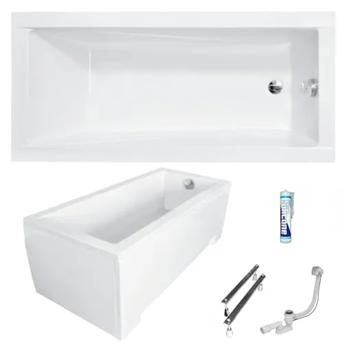 ECOLAM Badewanne Modern 160x70 cm Schürze | Acrylwanne Rechteck | Wanne Design | Komplett-Set Ablaufgarnitur Ab- und Überlauf Automatik Füße + Silikon Acryl weiß