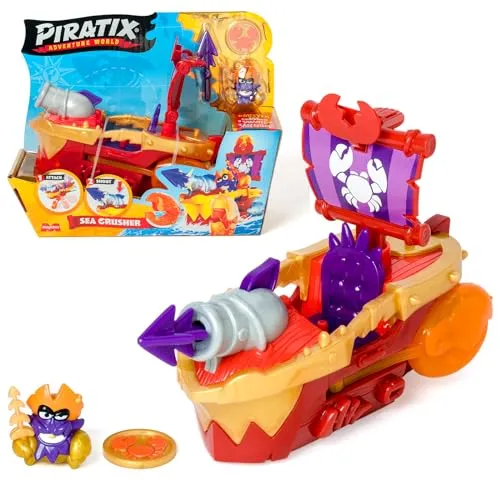 PIRATIX ADVENTURE WORLD Sea Crusher – Piratenschiff in Krabbenform, inklusive 1 Piratenschiff, 1 exklusiver Piratix, 1 exklusiver Schatz, 1 Zubehör, 1 Kanone und 1 Projektil