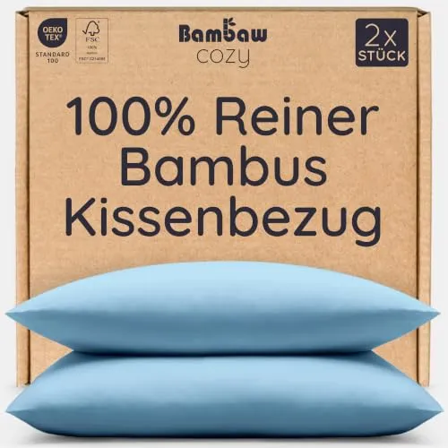 Bambaw Kopfkissenbezug 80x40 aus Bambus, 2-er Pack, 100% nachhaltige Bambusfasern, Allergie Bettwäsche, atmungsaktive Bettwäsche Anti Schwitzen, Anti Haarbruch Kissenbezug 40 x 80 kühlend (Hellblau)