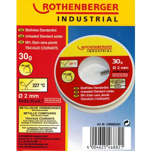 Rothenberger Lötzinn bleifrei 30g Ø2mm Standardlot Sn99Cu1 1000002353
