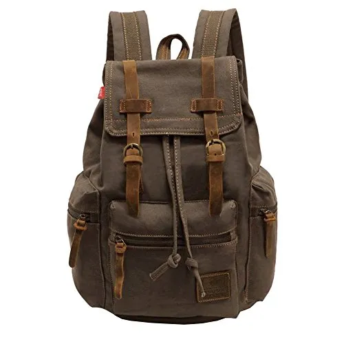 Weinlese-Unisex beiläufiger lederner Rucksack-Segeltuch-Rucksack-Rucksack-Schultaschen-wandernder Rucksack-Spielraum-im Freien Schulter-Beutel (Armeegrün)