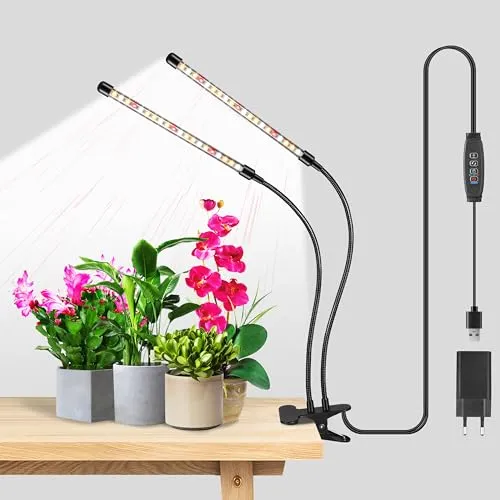Hywyimlait Pflanzenlampe für Zimmerpflanzen, Vollspektrum-Pflanzenleuchte mit Clip-Befestigung und flexiblem Schwanenhals, dimmbar in 10 Stufen, mit 3/9/12-Stunden-Timer, 2 Köpfe