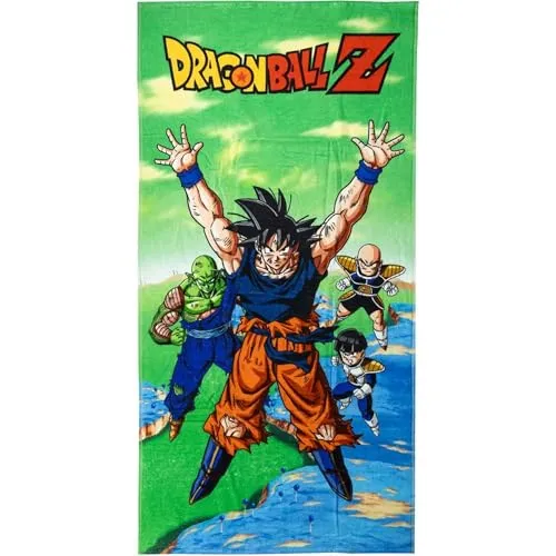Dragon Ball Kinderhandtuch, mehrfarbig, 70 x 140 cm, aus 100 % Baumwolle, 320 g/m², kleines Handtuch, bedruckt von Goku, Piccolo, Gohan und Krillin, Originalprodukt, entworfen in Spanien