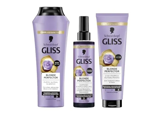 Gliss Blonde Perfector Purple Set - Shampoo (250 ml), Express-Spülung zum Sprühen (200 ml) und 2-in-1 Aufbau-Maske (150 ml) mit Anti-Gelbstich-Effekt