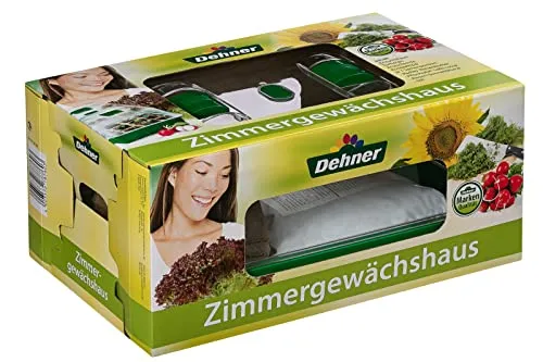 Dehner Zimmergewächshaus Komplett-Set, inkl. Anzuchterde, 4 x Saatgut, 38 x 24 x 18 cm, Kunststoff, grün