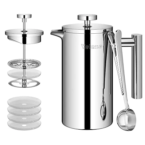 Velaze French Press Edelstahl Kaffeebereiter, 350ML Kaffeezubereiter für 2-3 Tassen, Doppelwandige Französische Kaffeepresse, Elegantes Design, Kaffeekanne mit 5 Edelstahlfilter und 1 Löffel