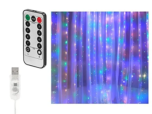 Lunartec Lichtvorhang: RGB-LED-Lichtervorhang, 300 LEDs, Fernbedienung, 3x3 m, Timer, USB (Lichtervorhang bunt, Lichter, Fernbedienungen)