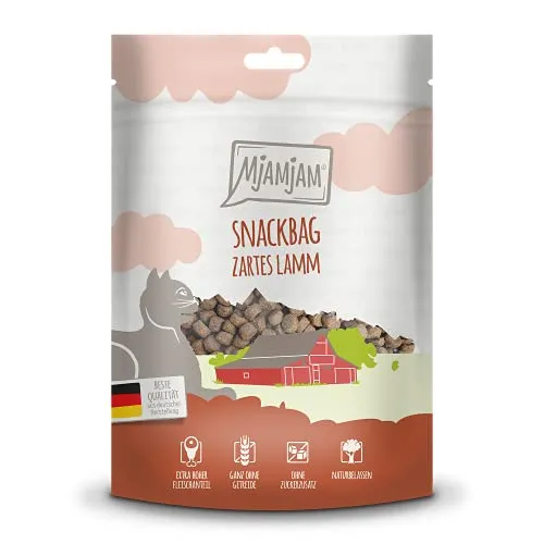 MjAMjAM - Premium Katzensnack - Snackbag – zartes Lamm, 1er Pack (1 x 125 g), naturbelassen ganz ohne synthetische Konservierungsstoffe