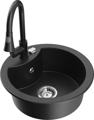 Mexen Diego Granit-Spüle mit Mischbatterie Elia, Schwarz/Silbermetallic