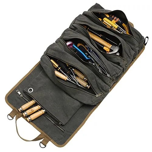 Werkzeug-Rolltaschen | Robuste Werkzeugrolle aus 16oz gewachstem Segeltuch, 5 verteilte & 1 abnehmbare Reißverschlusstasche, Vielseitiges werkzeug tool tasche für Elektriker Mechaniker | Armee grün
