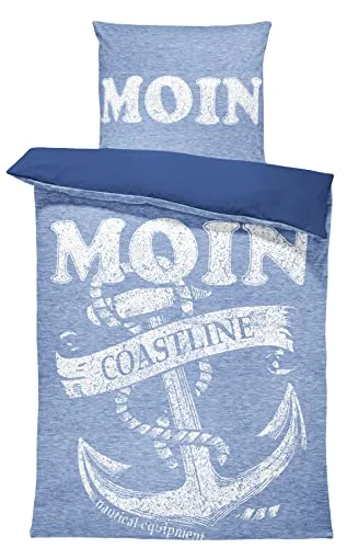 one-home 4 teilig Bettwäsche 135x200 cm Maritim Anker Nautisch Marineblau weiß Microfaser