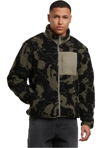 Urban Classics Herren Übergangsjacke Pattern Teddy Trackjacket, Oversized Fleece-Jacke mit Brusttasche, kuschelige Teddyfell-Jacke, Größen S - 5XL