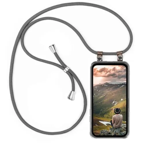moex Handykette für Google Pixel 8a Hülle mit Band abnehmbar, Handyhülle mit Kette zum Umhängen, Handyband 155 cm lang Stoff Kordel Umhängehülle, Handy Umhängeband, Grau