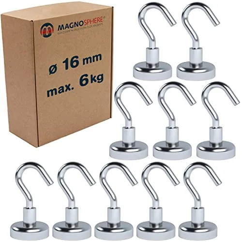 Magnosphere Magnethaken Extra Stark 6 kg Starke Neodym Magnet mit Haken Hakenmagnete (NdFeB) Magnetische Haken Ø 16 mm für Küche Grill Dekor Büro Lager Werkstatt Montage - 10 Stück