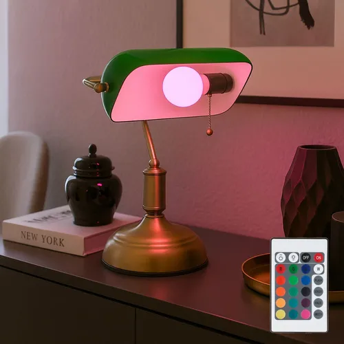 RGB LED Bankerlampe Tischleuchte mit Fernbedienung - Tischleuchte im klassischen Banker-Design mit schwenkbarem Schirm und RGB LED. Ideal für stimmungsvolle Beleuchtung in Wohn- oder Arbeitsräumen.