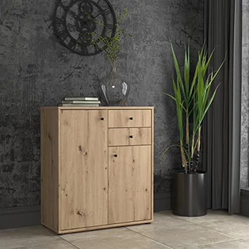 möbelando Kommode Tembi VI in Artisan Eiche - Moderne Kommode & Beistellschrank in Artisan Eiche, mit 2 Holztüren und 2 Schubkästen für viel Stauraum, einfach aufzubauen und langlebig durch hochwertige Verarbeitung.