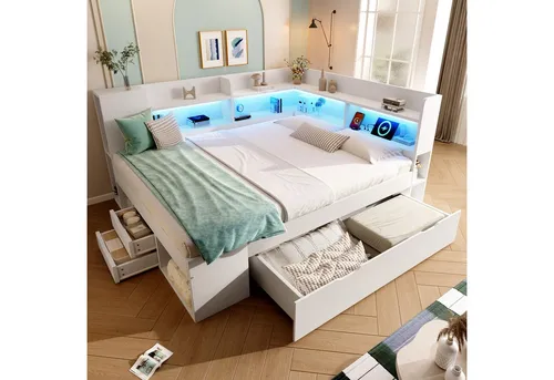 Redom Tagesbett Weiß 140x200 cm mit USB-Anschlüssen - Modernes Tagesbett in Weiß aus stabilen Materialien, ideal für Schlaf- und Gästezimmer. Mit USB-Anschlüssen, LED-Beleuchtung und viel Stauraum für eine optimale Raumnutzung.