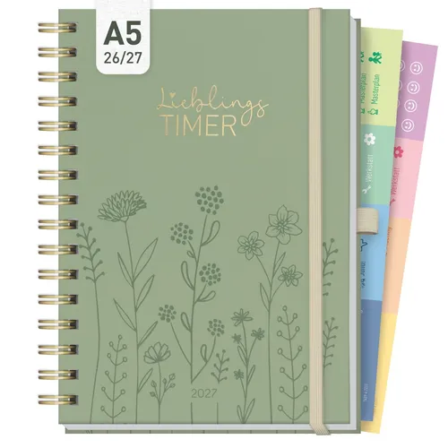 Lieblings-Timer Deluxe 2026/2027 - A5 Fine Flowers Salbei - Stylischer Taschenkalender für 17 Monate mit Spiralbindung. Optimal organisiert mit 1 Woche/2 Seiten Layout und hochwertigem Design. Ideal für die Planung im Alltag.