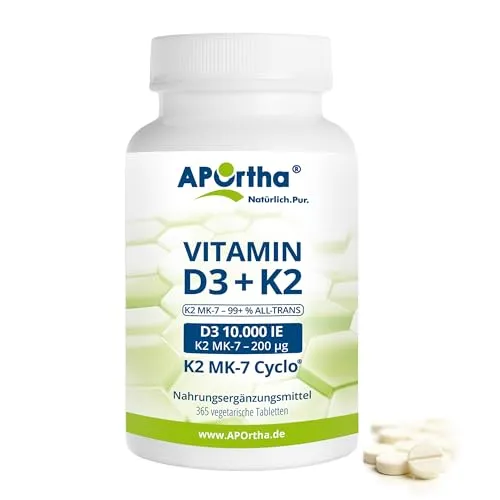 APOrtha® Vitamin D3 10.000 IE + Natto Vitamin K2 MK-7 Cyclo® 200 μg - 365 vegetarische Tabletten - Nahrungsergänzungsmittel mit 10.000 IE Vitamin D3 und 200 μg Vitamin K2 MK-7 für starke Knochen und ein gesundes Immunsystem, 365 Tabletten für ein ganzes Jahr.