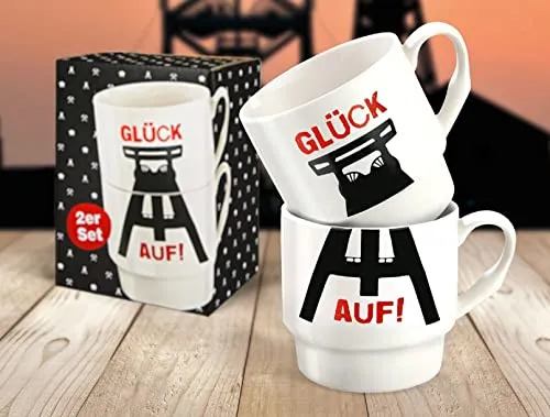 GILDE - 44150 - Kaffeebecher, Stapeltassen Set, Glück auf, Porzellan, 8,5cm x 14,5cm, 330ml