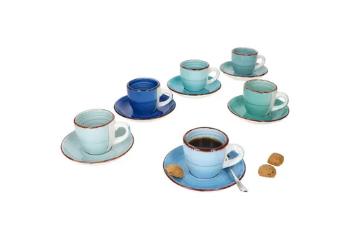 MamboCat Tasse 6er Set Blue - Elegantes Espressotassen-Set aus robustem Steingut mit einzigartigem Strudel-Dekor in sechs Blautönen, ideal für besondere Genussmomente.