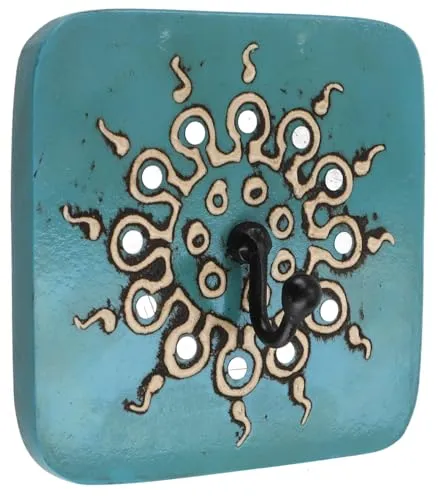 GURU SHOP Vintage Kleiderhaken, Garderobenhaken, Schlüsselbrett, Wandhaken `Bagru`-Sonne` - Türkis, 10x10x1 cm