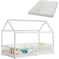 Juskys Kinderbett Marli 90 x 200 cm mit Matratze & Dach - Modernes Kinderbett (90x200 cm) mit Rausfallschutz, Matratze und Dach. Perfekt für Jungen und Mädchen von 3 bis 10 Jahren, bietet es einen gemütlichen Schlafplatz und Spielort im Kinderzimmer.